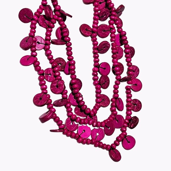 Retro Pink Wooden Disc Beaded Multi Strand Necklace 80s 90s Fashion Jewelry - Picture 3 of 6